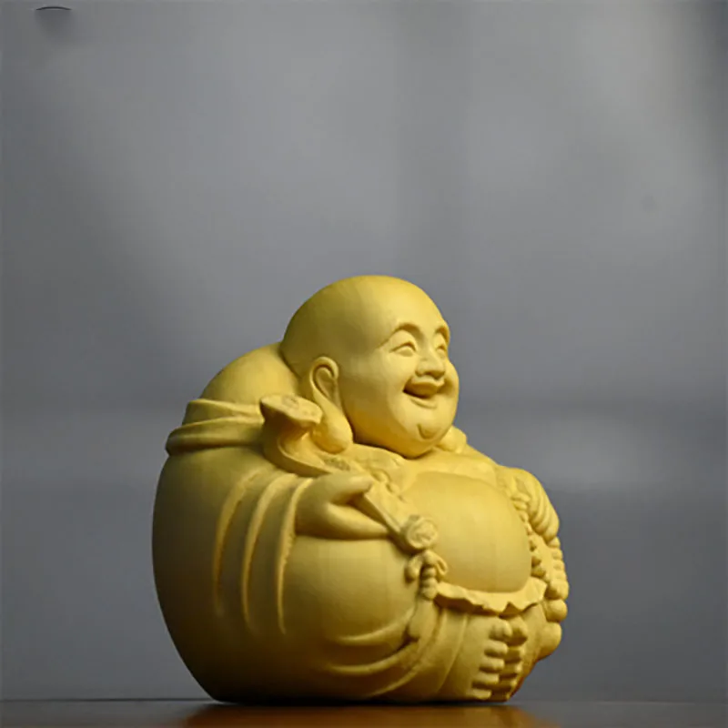 Yabai-Boxwood Carving, Contracted. Maitreya Buddha Handicraft, Laughing Buddha Ornaments, Hand Playing with Pieces of Statione
