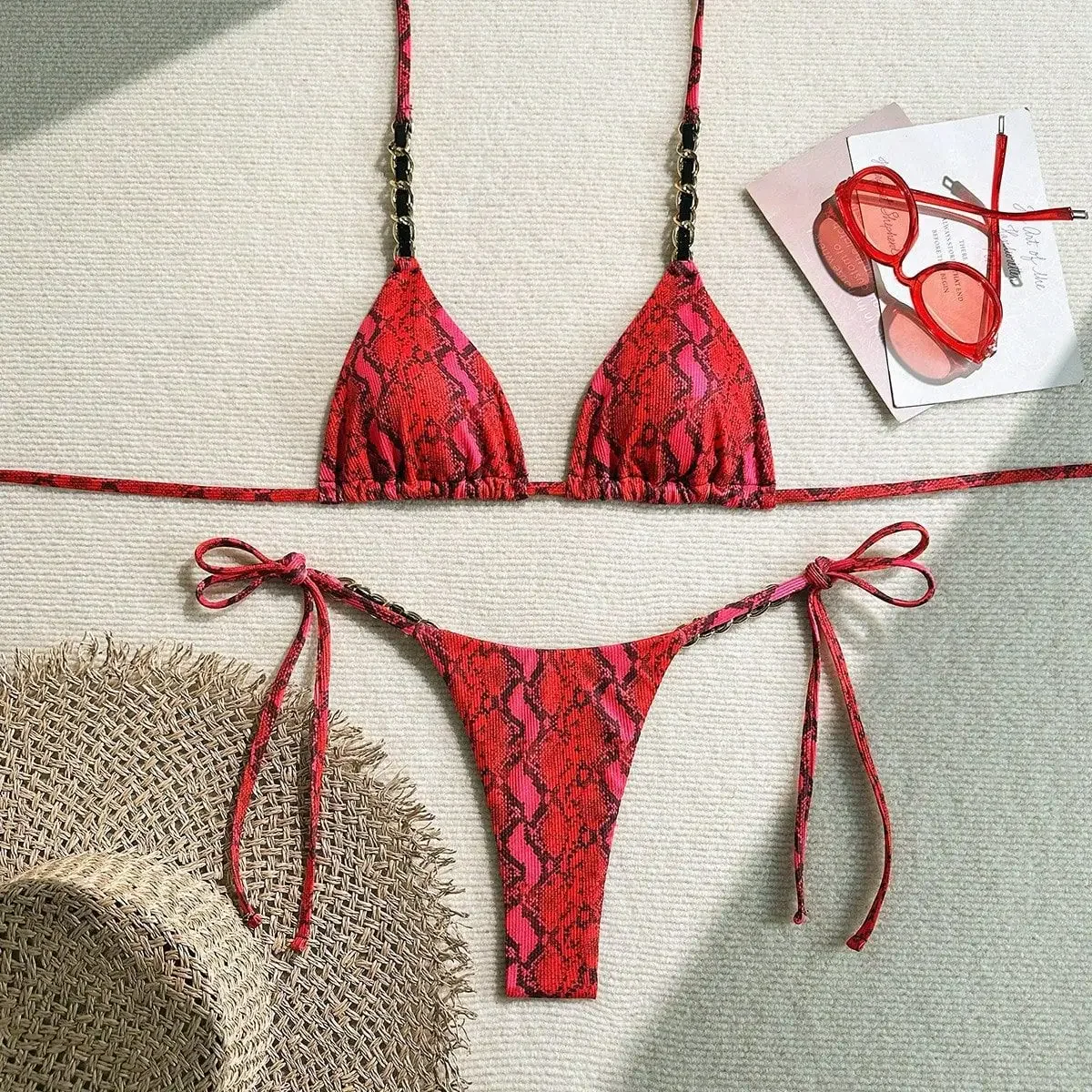Sexy Red Snakeskin Print Micro Bikini 2025 Women Metal Strap Push Up Tie Side Thong Swimsuit Beach Bathing Suit Bandage Swimwear