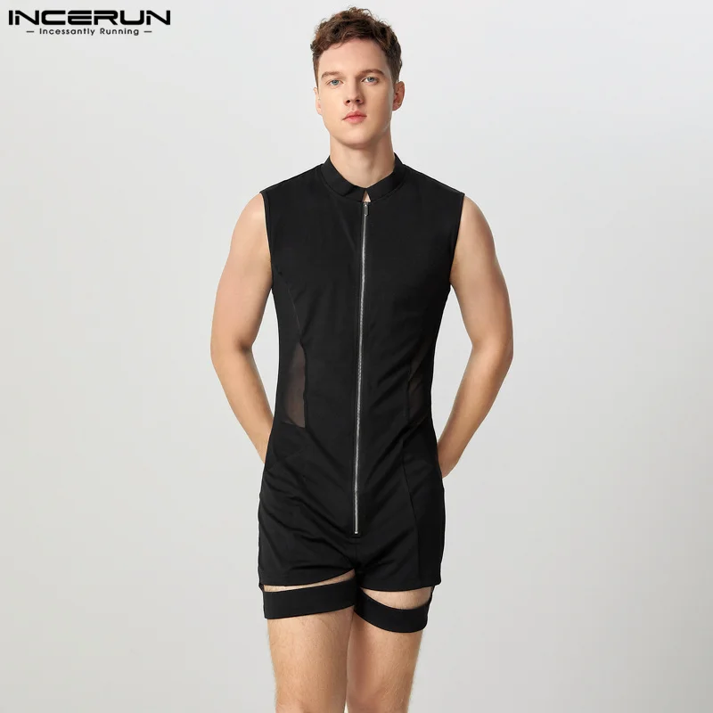 INCERUN American Style Homewear Men's Sexy Casual Zipper Design Jumpsuits Solid Thin Comfortable Sleeveless Bodysuits S-5XL