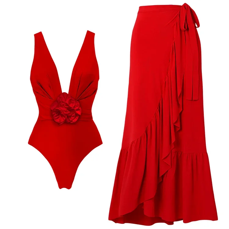 2024  Detachable 3D Flower Red One Piece Swimsuit and Skirt  Vacation Swimwear Women Bikinis Beachwear Luxury Bathing Suit