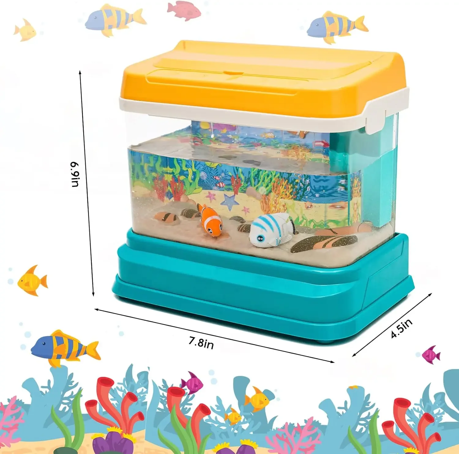 Mini Aquarium for Kids Fishing Toys Artificial Fish Tank with Moving Fish*2 with USB Light and Music Fishing Rod Spoon fishing toys