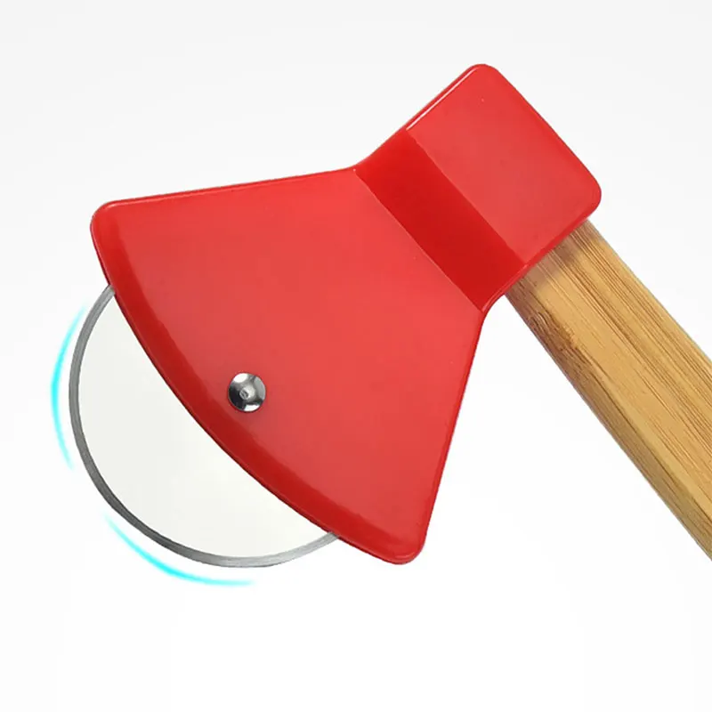 Axe Bamboo Handle Pizza Cutter Rotating Blade Home Kitchen Cutting Tool