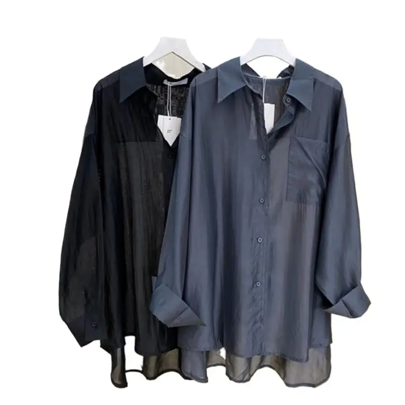 Summer Lightweight sunscreen Shirt Women Blouse Chic comfortable Long Sleeves Casual Lyocell Tops Fashion Vintage silk blouse