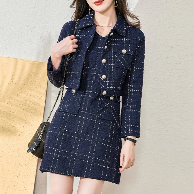 

2023 High Quality Women 2 Piece Set Plaid Tweed Short Jacket Coat+A-Line Mini Vest Dress Elegant Fashion Party Dresses Suit