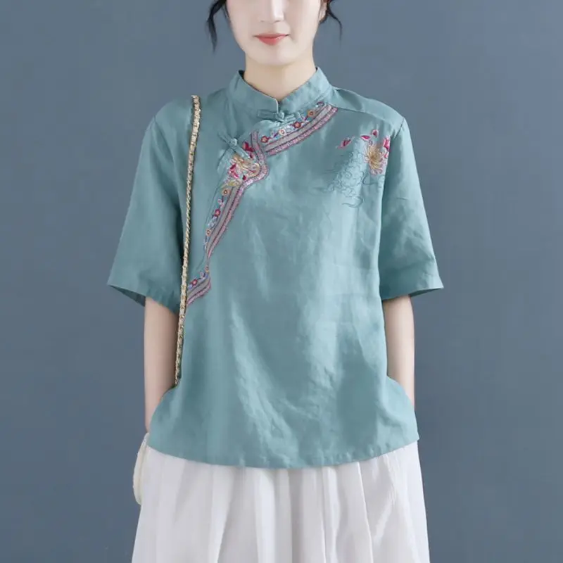 Traditional Chinese Shirt Retro Folk Tea Clothing China Style Tops Embroidery Women Daily Cotton Linen Blouse Spring Summer