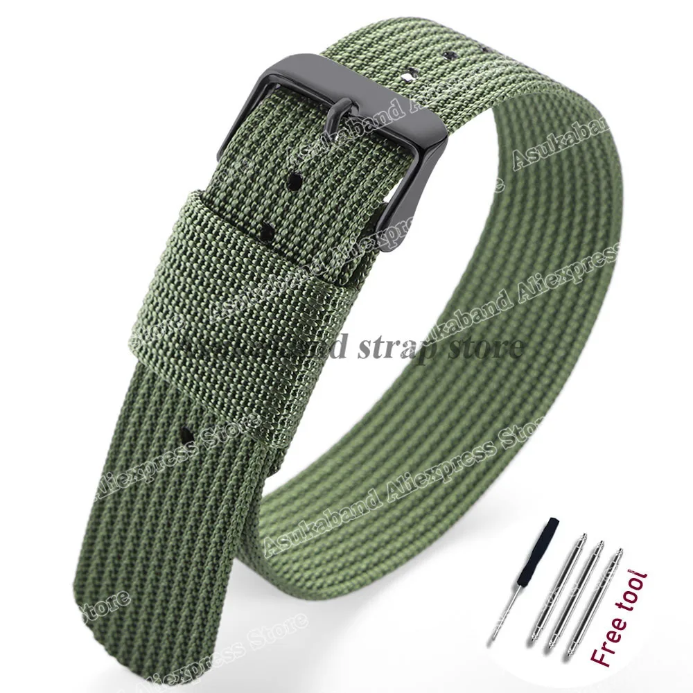 Black and Green Nylon Braided Men's Army Sports Watch Strap - Breathable and Wear-Resistant