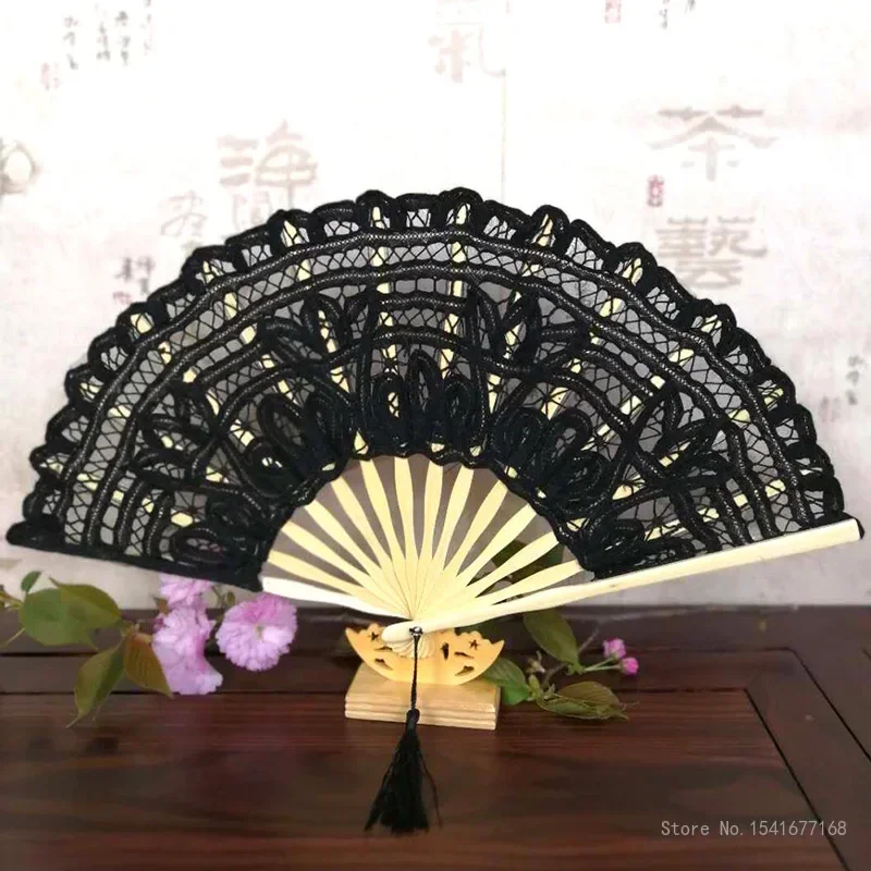 Hot Sale Spain Black Leques Ladies Folding Lace Hand Fans,Wholesale Personalized Bamboo Fan Of Old Wedding Decoration, 1Pc