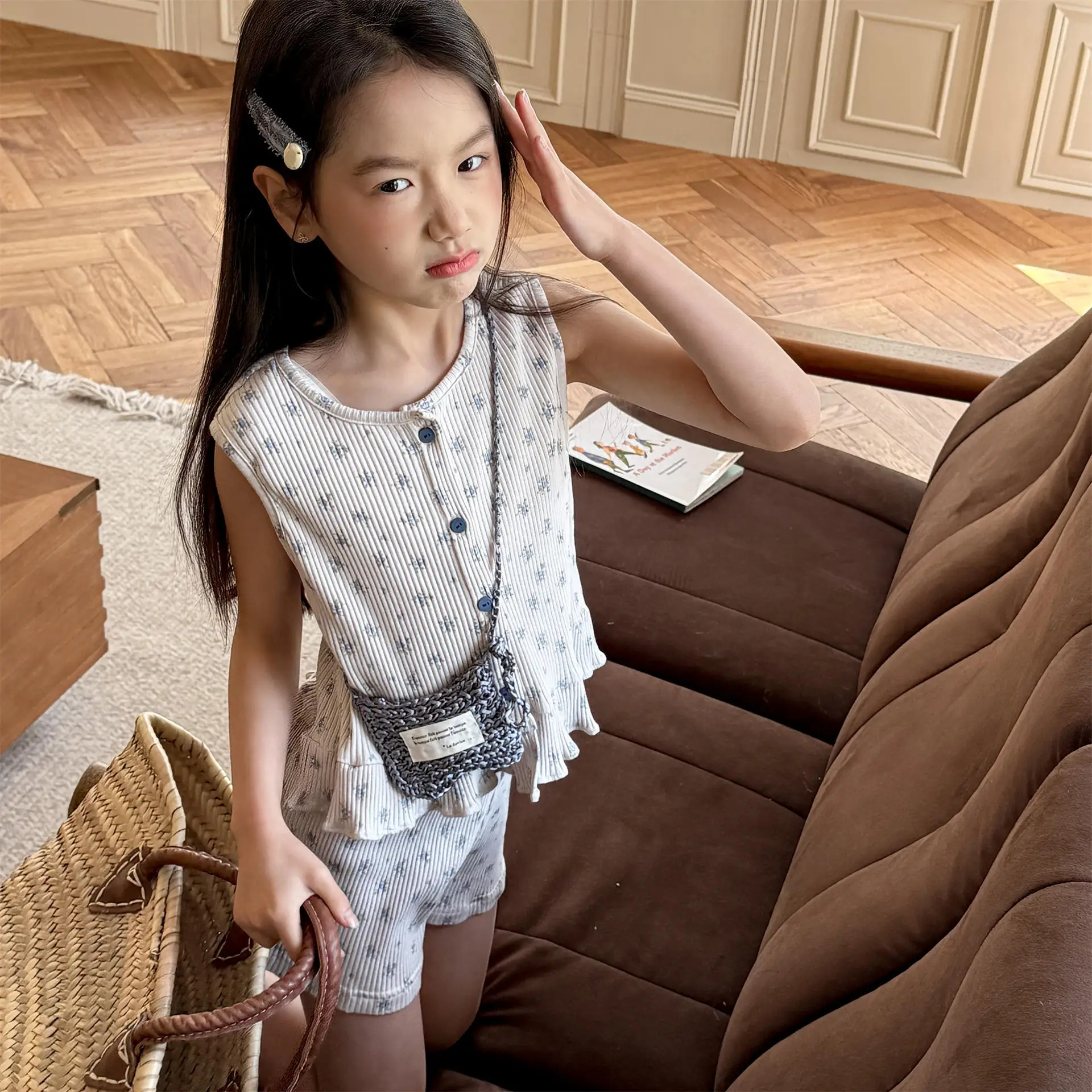 Girls Sleeveless Floral Cardigan Shorts 2pcs Suit 1-6 Years