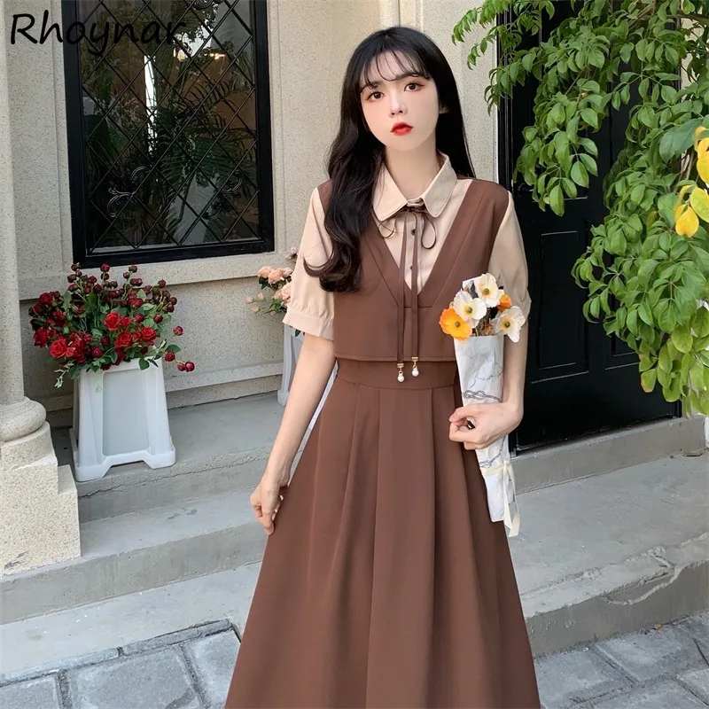 

Dresses Women Summer Students Short-length Fake 2pcs Patchwork Preppy Style Abdomen Simple Korean Fashion Daily Leisure A-line