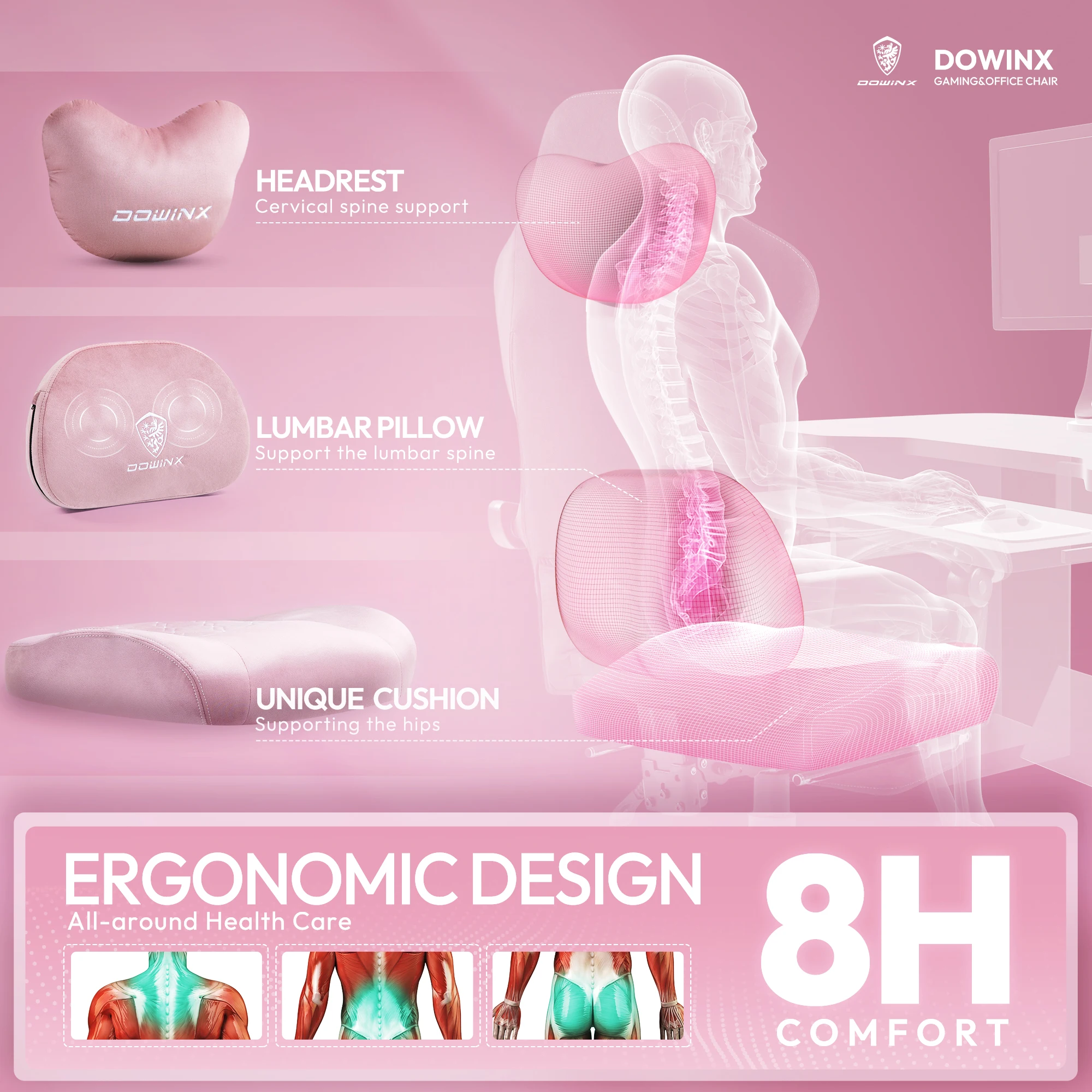 Dowinx Gaming Chair with Heated Massage Lumbar Support, Breathable Fabric Office Chair with Pocket Spring Cushion and Footrest, 4