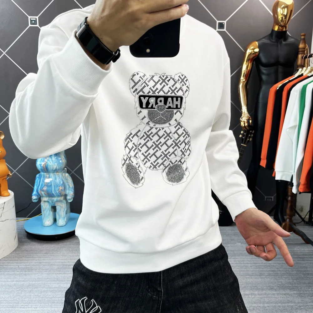 

2023 Full Mens Hoodies Fashion Cartoon Bear Rhinestones Sweatshirts Casual Streetwear Autumn Hoodie Men Clothing Ropa De Hombre