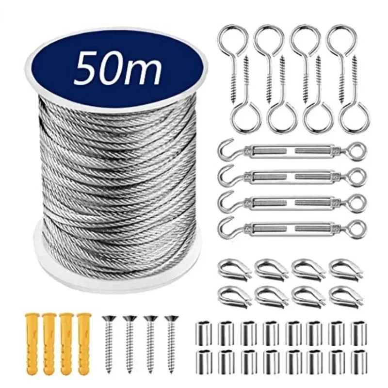 Turnbuckle Wire Tensioner Kit 15/25/30/50 Meters Vinyl Coated Stainless Steel Cable Wire Rope Turnbuckles Strings Light stainless steel wire rope steel wire rope