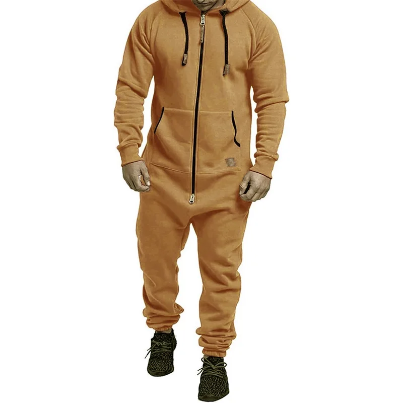 Men's Winter Hooded Jumpsuits Pockets Warm Long Sleeve Full Zipper Up Overalls Sweatsuits Drawstring