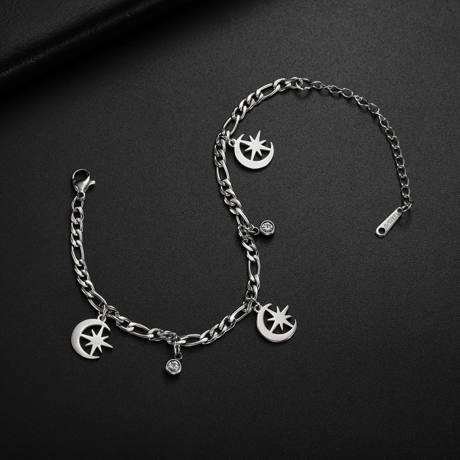 Kkjoy Böhmische Edelstahl-Klassische Stern-Mond-Fußkette Doppellagige Zirkon-Fußkettchen für Frauen Strand-Schmuck Großhandel – Detail 24