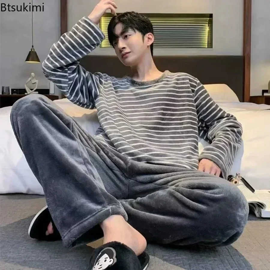 2025 남자의 두꺼운 따뜻한 플란넬 잠옷 세트 가을 겨울 캐주얼 잠옷 Homewear 2PCS 세트 남성 산호 벨벳 소프트 라..