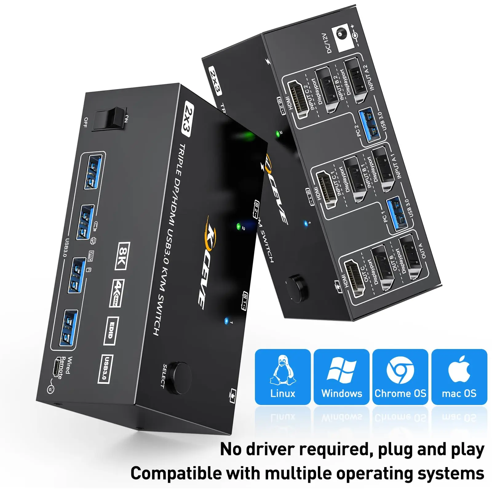 Triple Monitors KVM Switch ,2 Displayport + HDMI USB KVM Switch 8K@60Hz,4K@144Hz 3 Monitors 2 Computers KVM with 4 USB 3.0 Ports