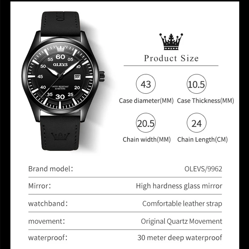 ساعة OLEVS جلد رجالية من الكوارتز مقاومة للماء