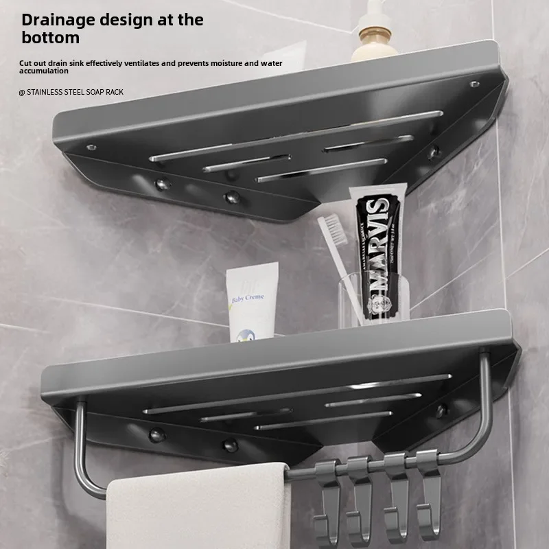 Bathroom Storage Shelf Bathroom Triangle Drain Shelf No Drilling Wall Mounted Cosmetic and Toiletries Hollow Carbon Steel Shelf with Hooks