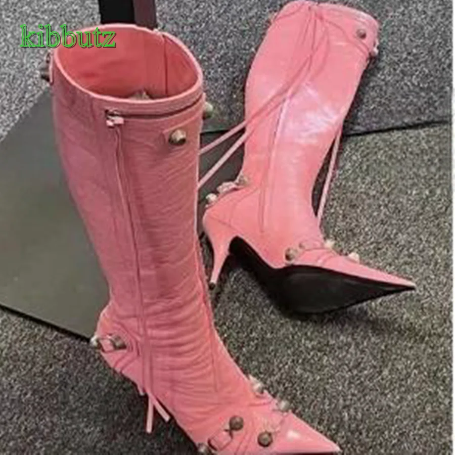 

Fringed Zipper Knee High Boots,Croc-Effect Leather Studded Boots For Women Pointed Toe Stiletto Boot2023 New Zapatos Para Mujere