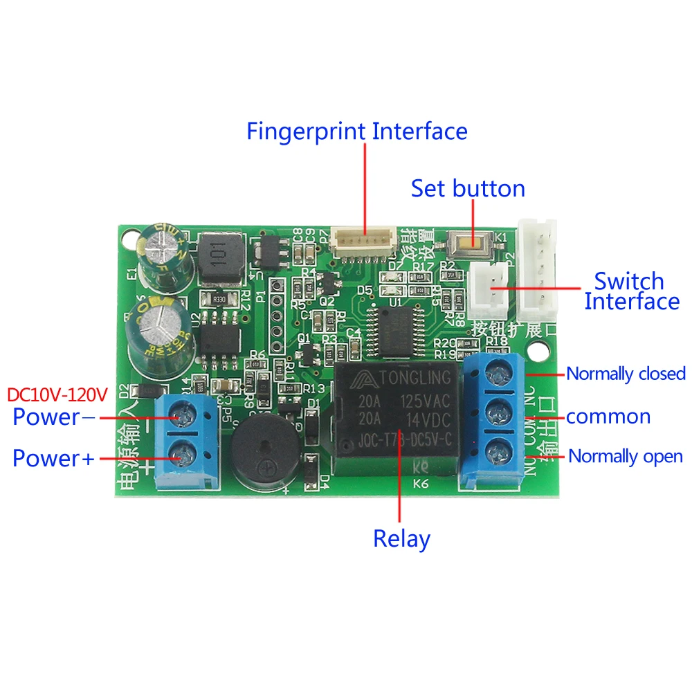 Fingerprint relay control module DC10V-120V door lock controller access control electric lock control board locomotive start DIY