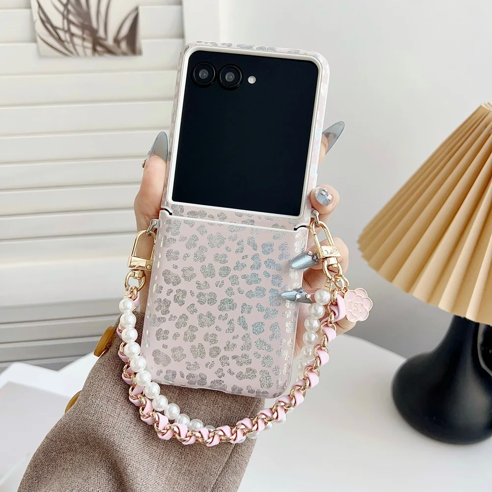 Laser Leopard Print Phone Case with Bracelet Wrist Strap and Protective Cover