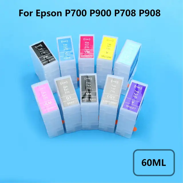60ML 10 Colors Empty Refillable Ink Cartridges For Epson Surecolor P700  P708 P900 P908 P903 P904 P906 Printer without chip