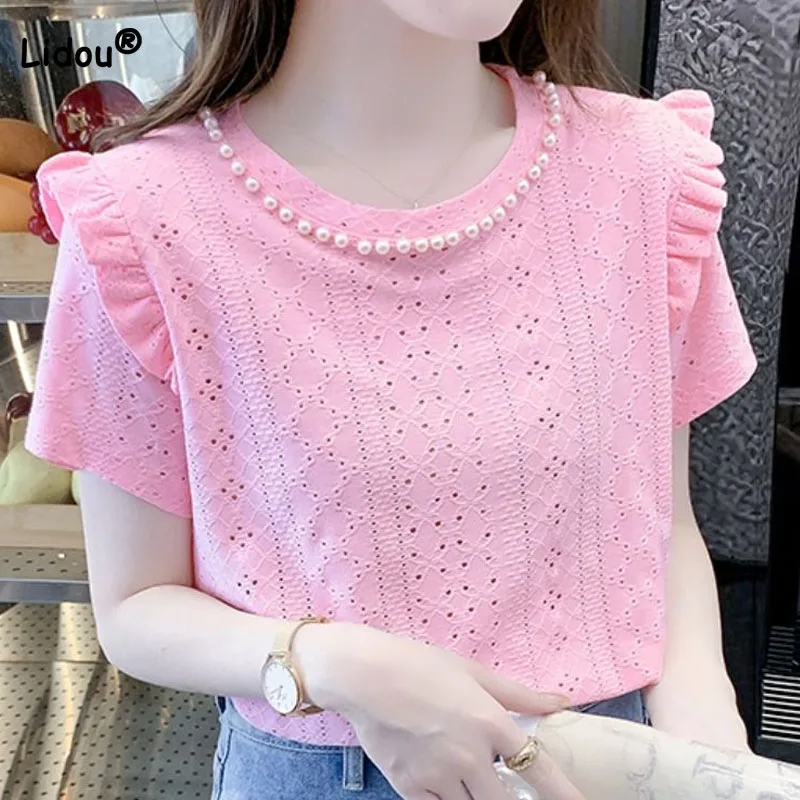 

Loose Fashionable Beading Spliced Solid Color T-shirt Women's Clothing Summer 2023 All-match Simplicity Female Short Sleeve Tops