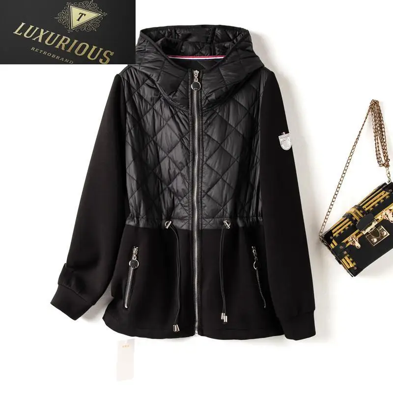 

Winter Jacket Women 2024 New French Elegant Color Contrast Hooded Drawstring Waist Retracting Air Cotton Commuter Coat Woman 4XL