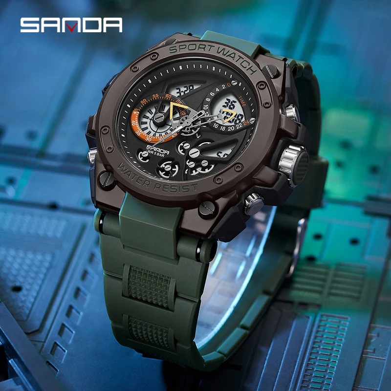 Sanda Men's Watch Electric Watch Multi-Function Fashion Trend Outdoor Luminous Alarm Clock Waterproof Shockproof Men Watch 9020