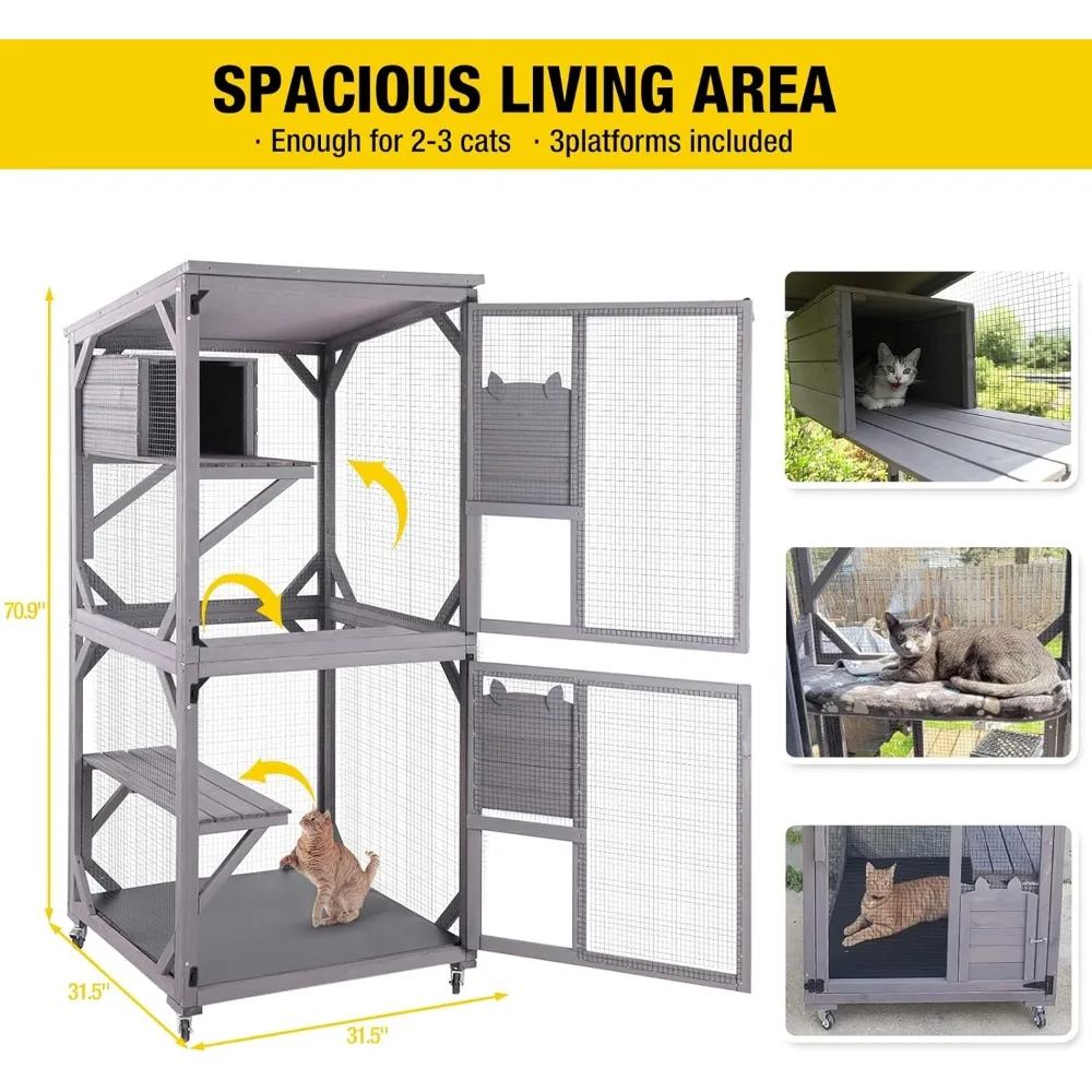 Cat House Outdoor Catio Cat Enclosures on Wheels70.9 Kitty House with Upgraded Resting Box,Waterproof Roof
