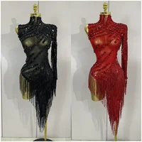 Sparkly Rhinestones Tassel Sexy See-Through Dress Women One Shoulder Latin Dance Outfits Bars Nightclub Party Stage Costume
