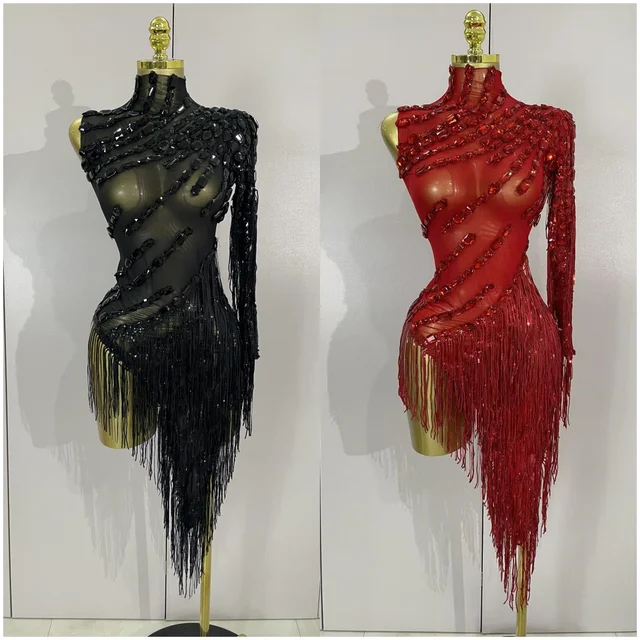 Sparkly Rhinestones Tassel Sexy See-Through Dress Women One Shoulder Latin Dance Outfits Bars Nightclub Party Stage Costume