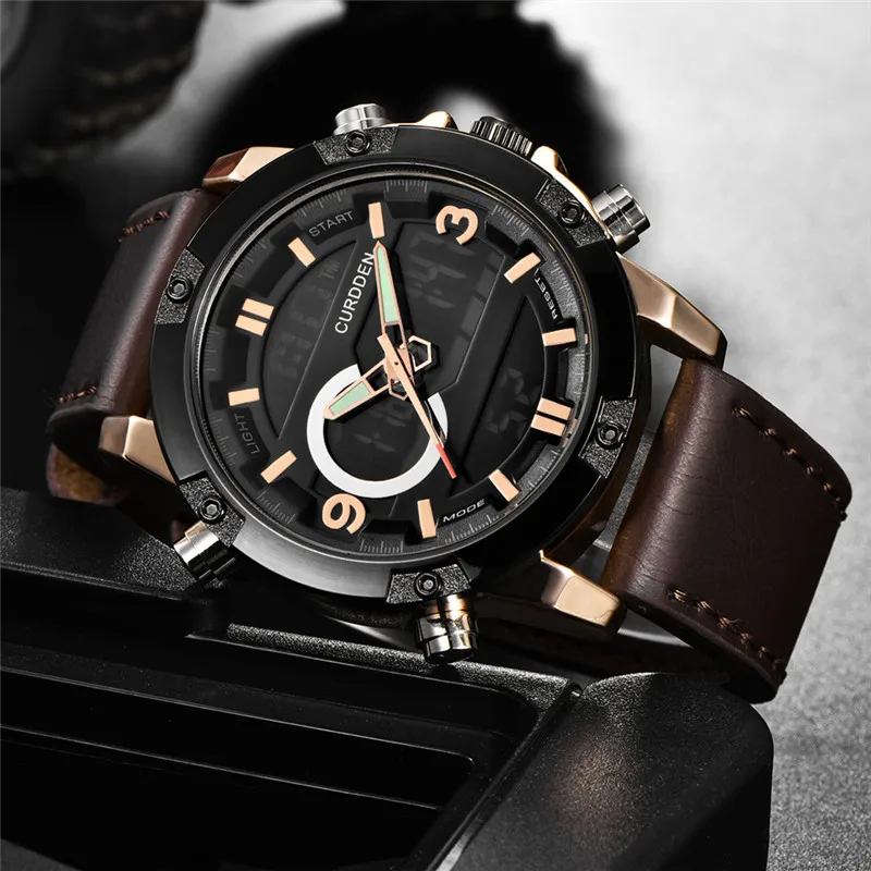 Men Original CURDDEN Brand Chronograph Watches Fashion Leather Dual Time Multi-function Sports Watch Montres de Marque de Luxe