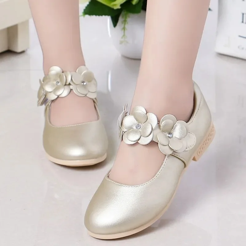 Flower Girls Pink White Gold Leather Shoes For Children Latin Dance Princess Wedding Party 6 8 10 12 Years Old schoenen meisjes boy sandals fashion