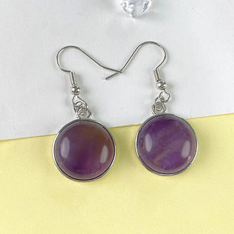 Natural Stone 10mm 12mm Round Amethyst Aventurine Rose Quartz Crystal Agates Dangle Stainless Steel Earrings