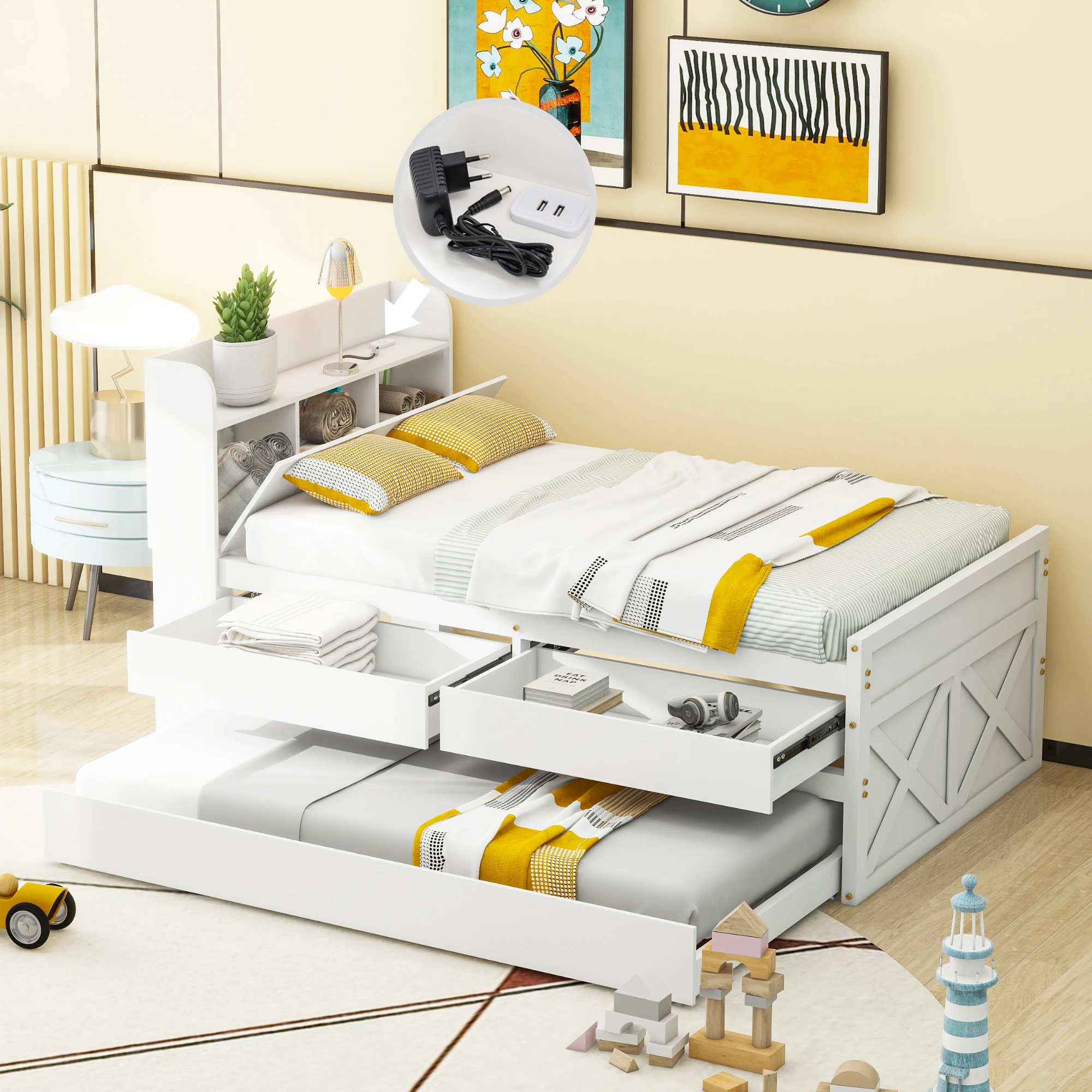 KOMHTOM Multifunktionales Massivholzbett 90x190 cm mit ausziehbarer Schublade Lattenrost und Ablagen und USB Buchse – Detail 7