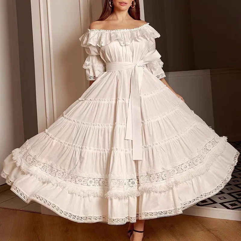 

Women's Summer Dress 2023 New White One-Line Neck Bubble Sleeve Short Sleeve Peplum Hem Large Swing Dress Free Shipping
