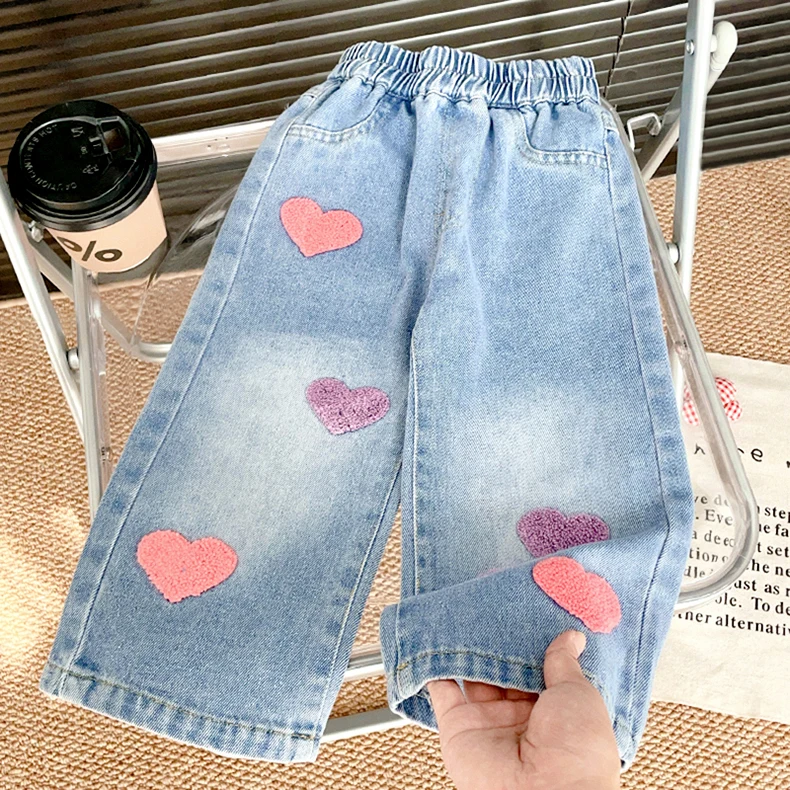 بنطلون جينز للفتيات مستقيم وفضفاض بتصميم مغسول ناعم من الدنيم، موديل خريفي جديد للفتيات الصغيرات، بنطلون واسع الساق متعدد الاستخدامات