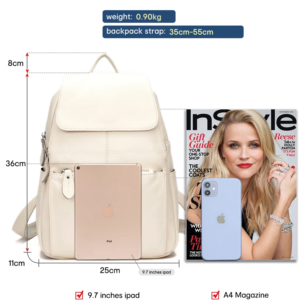 Zency Stylish Black White Genuine Leather Women Backpack A++ Quality Anti-theft Large Capacity Knapsack Travel Designer Rucksack 3