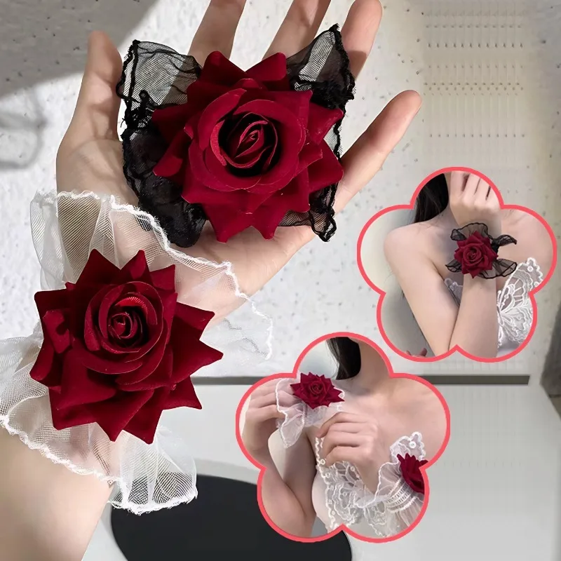 

Gothic Wrist Flowers Women Classic Black White Lace Wrist Corsages Cosplay Accessories Elegance Perfect Lolita Sexy Wrist Roses