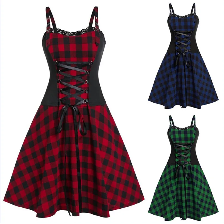 

Готическое платье в клетку в стиле панк, средневековый винтажный женский крутой бандажный асимметричный подол без рукавов на бретельках, летние мини-платья на бретельках