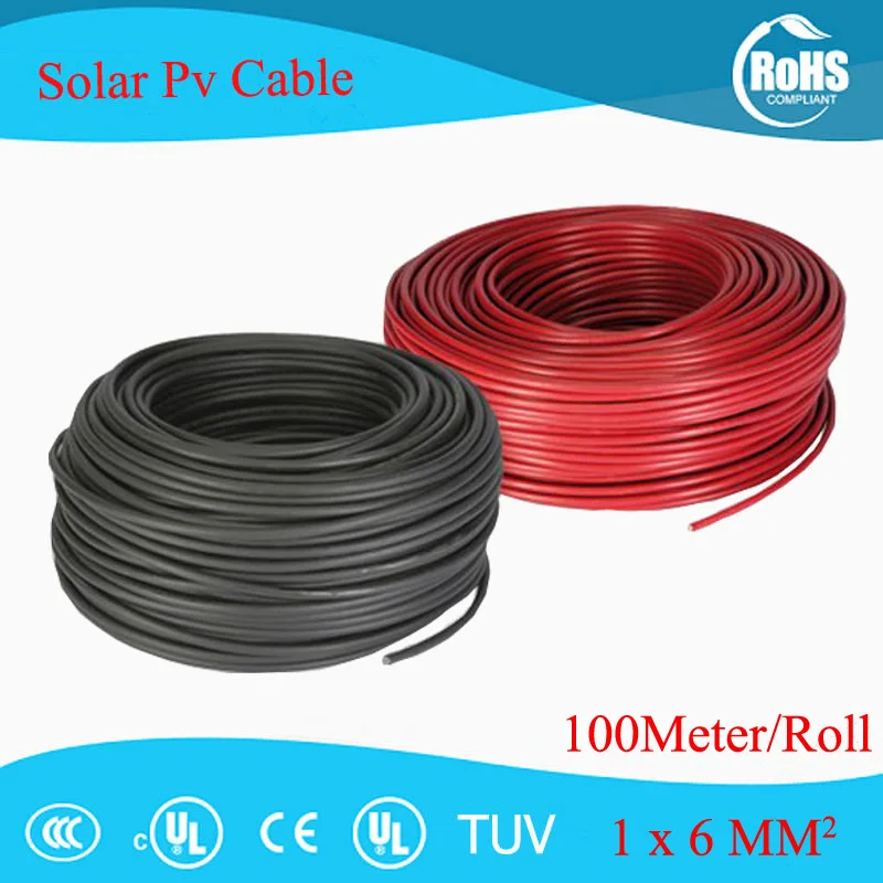 

100 Meters/Roll 6mm2 (10AWG) Solar Cable Red or Black Pv Cable Wire Copper Conductor XLPE Jacket TUV Certifiction H1Z2Z2-K