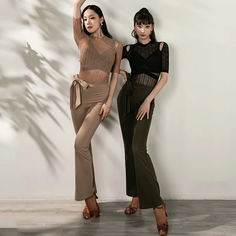 Latin Dance Tops Summer Short Sleeves Practice Clothes Adult Lace-Up Pants Cha Cha Rumba Ballroom Dance Clothing BL12352
