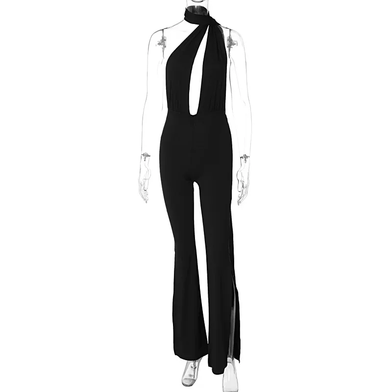 Cut Out Deep V Wrap Around Halter Sexy Backless Flare Side Slit Pants Jumpsuits Fashion Outfits Women One-Piece Rompers Overalls
