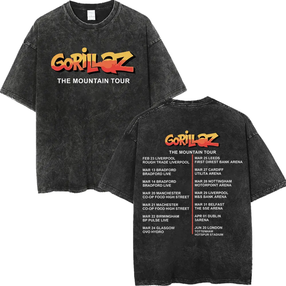 Gorillaz The Mountain Tour 캐주얼 패션 그래픽 탑 여성용 티셔츠 유니섹스 티셔츠 남성용 코튼 반팔 워시 티셔츠