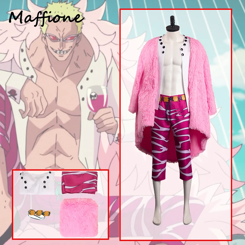 

One Cos Piece Donquixote Doflamingo Cosplay Men Costume Outfits Pink Cloak Shirts Pants Set Male Halloween Party Disguise Suit