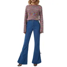 

New Women Denim Flared Pants Middle Waist Lace-up Bow Decoration Slimming Casual Party Street Wide-Leg Trousers