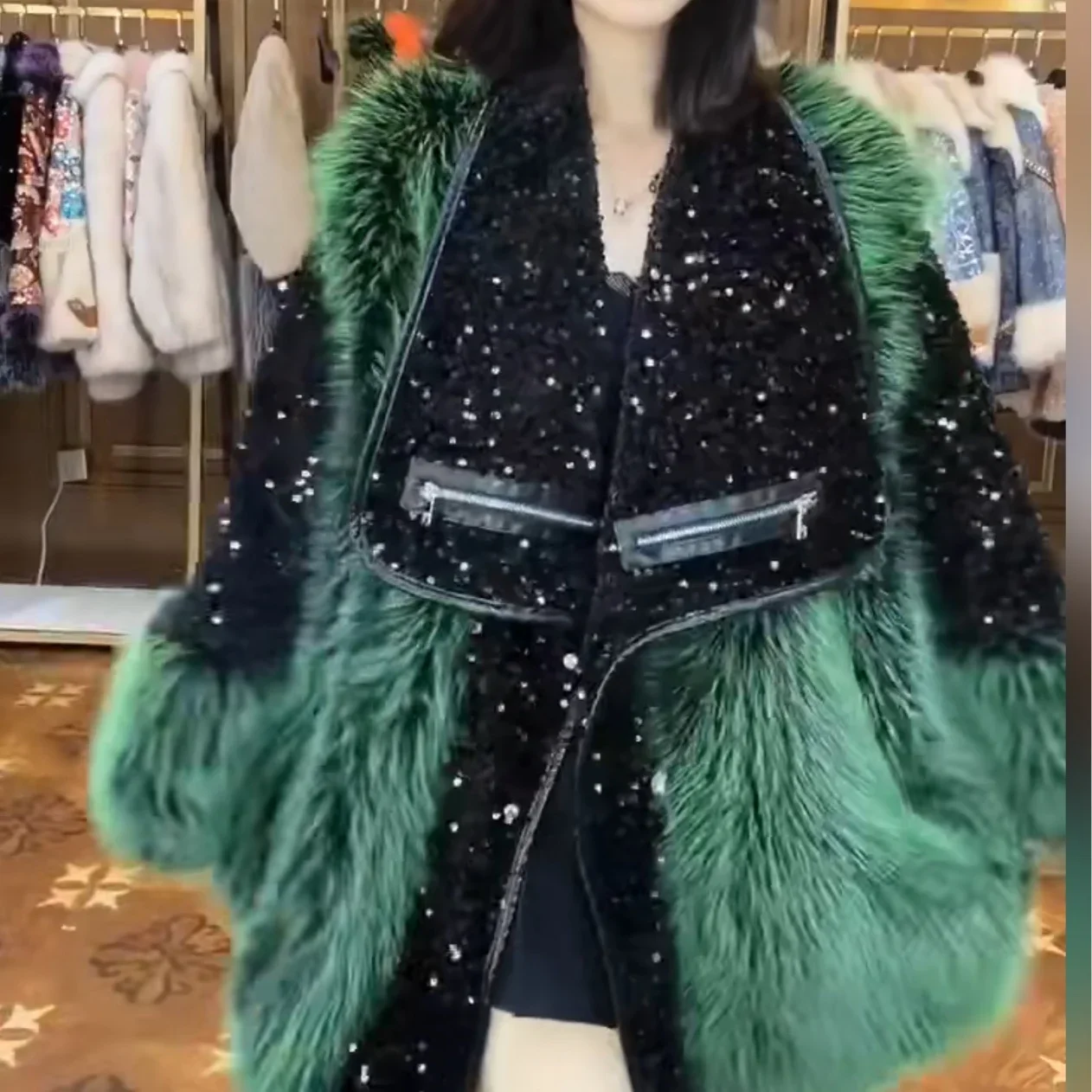 European 2023 Winter New Ladies Fashion High Street Long Sleeve Fur Coat Women Office Lady Embroidery Sequins Casual Toka Jacket