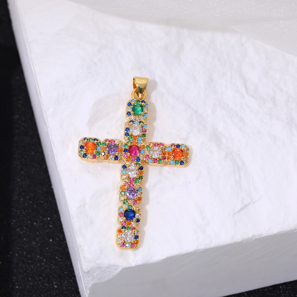 Juya 18K vergoldeter AAA-Zirkonia-Talisman-Medaillen, christlicher Kreuz-Anhänger für Handarbeiten, Charms, religiöse Schmuckherstellung – Detail 20
