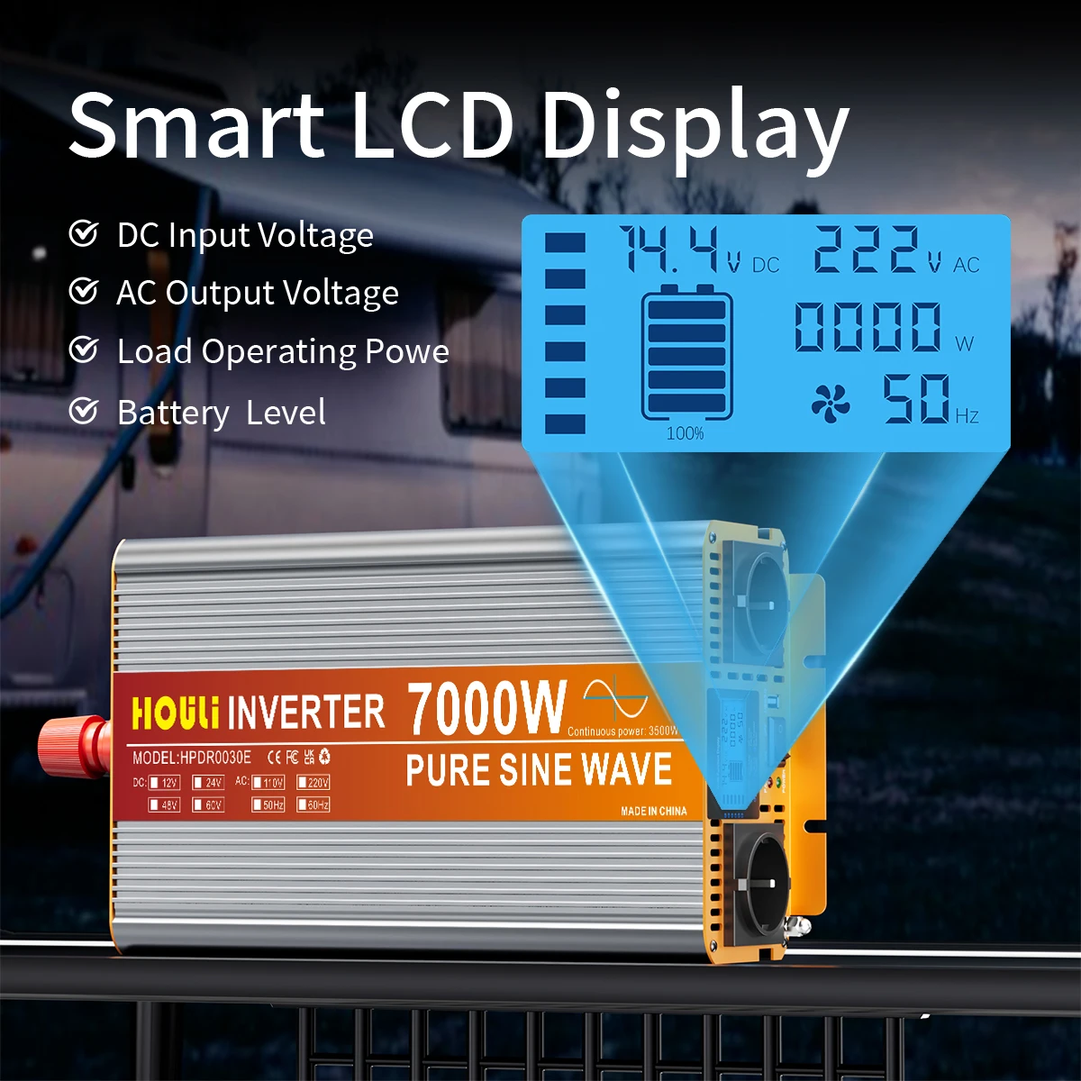 HOULI Inverter solare 12V/24V a 220V Onda sinusoidale pura3000W 4000W 5000W 6000W 7000W Picco di uscita LCD remoto Ideale per case fuori rete - immagine 2